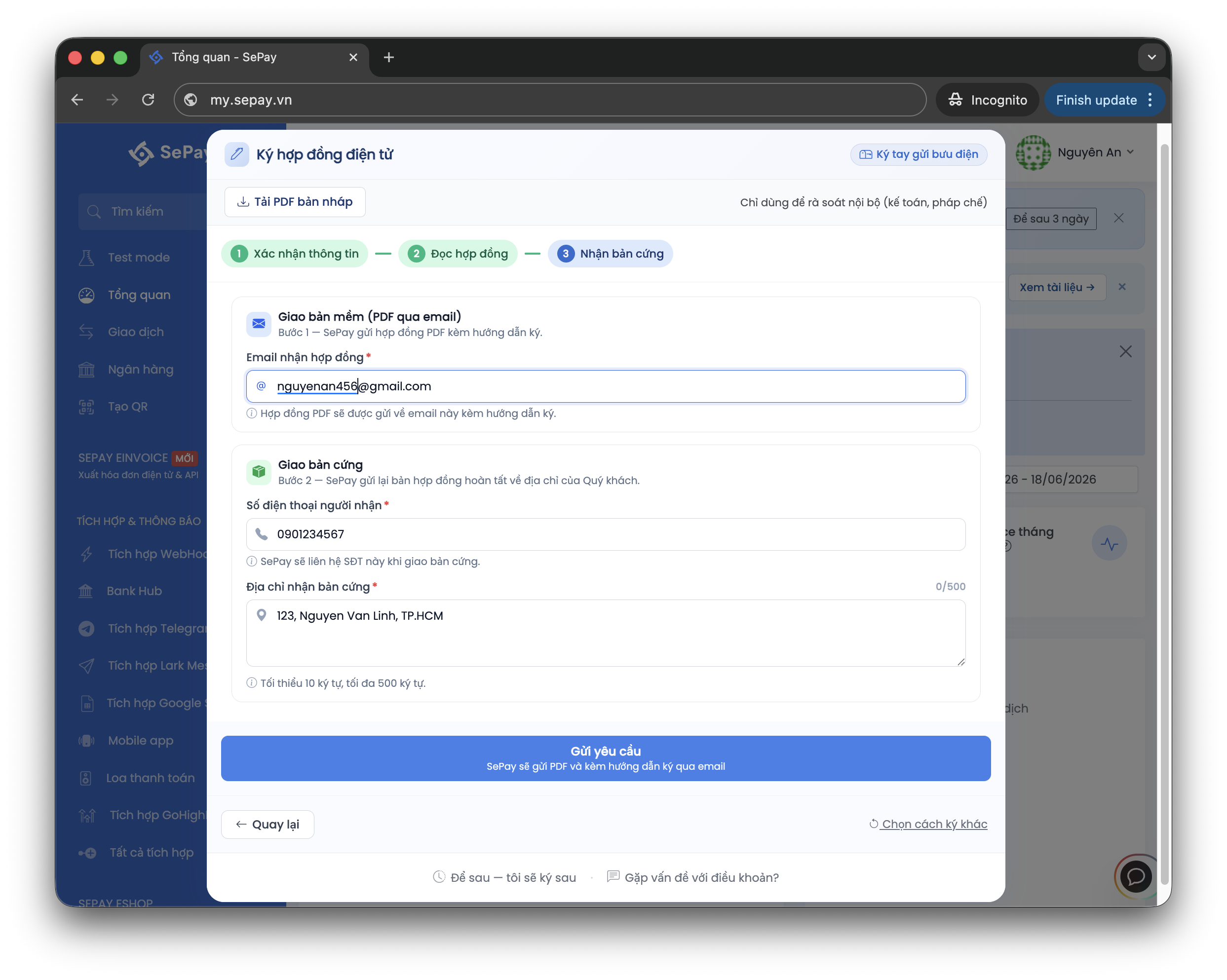 Bước Nhận bản cứng, nhập email và địa chỉ
