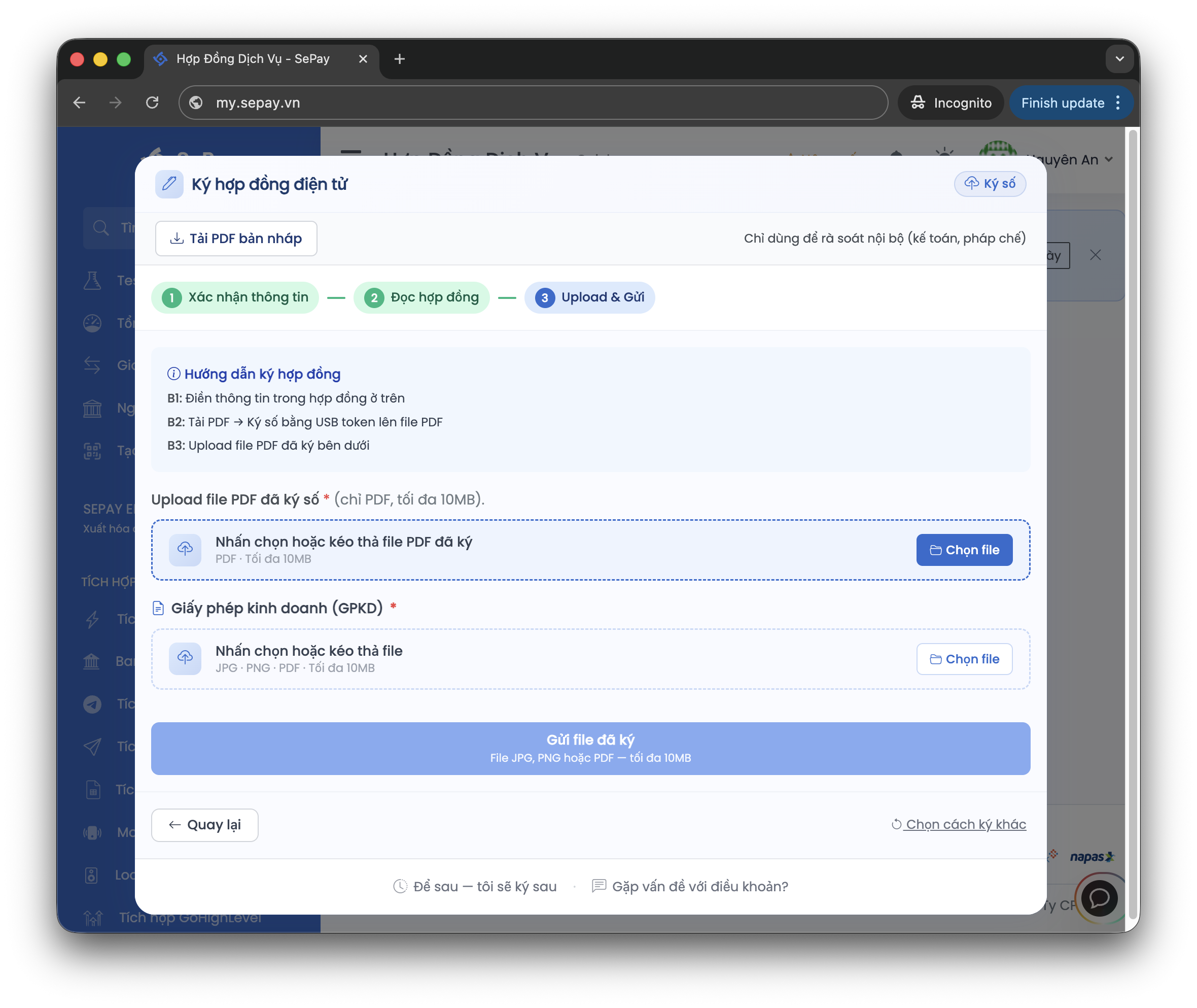 Bước Upload và Gửi file đã ký
