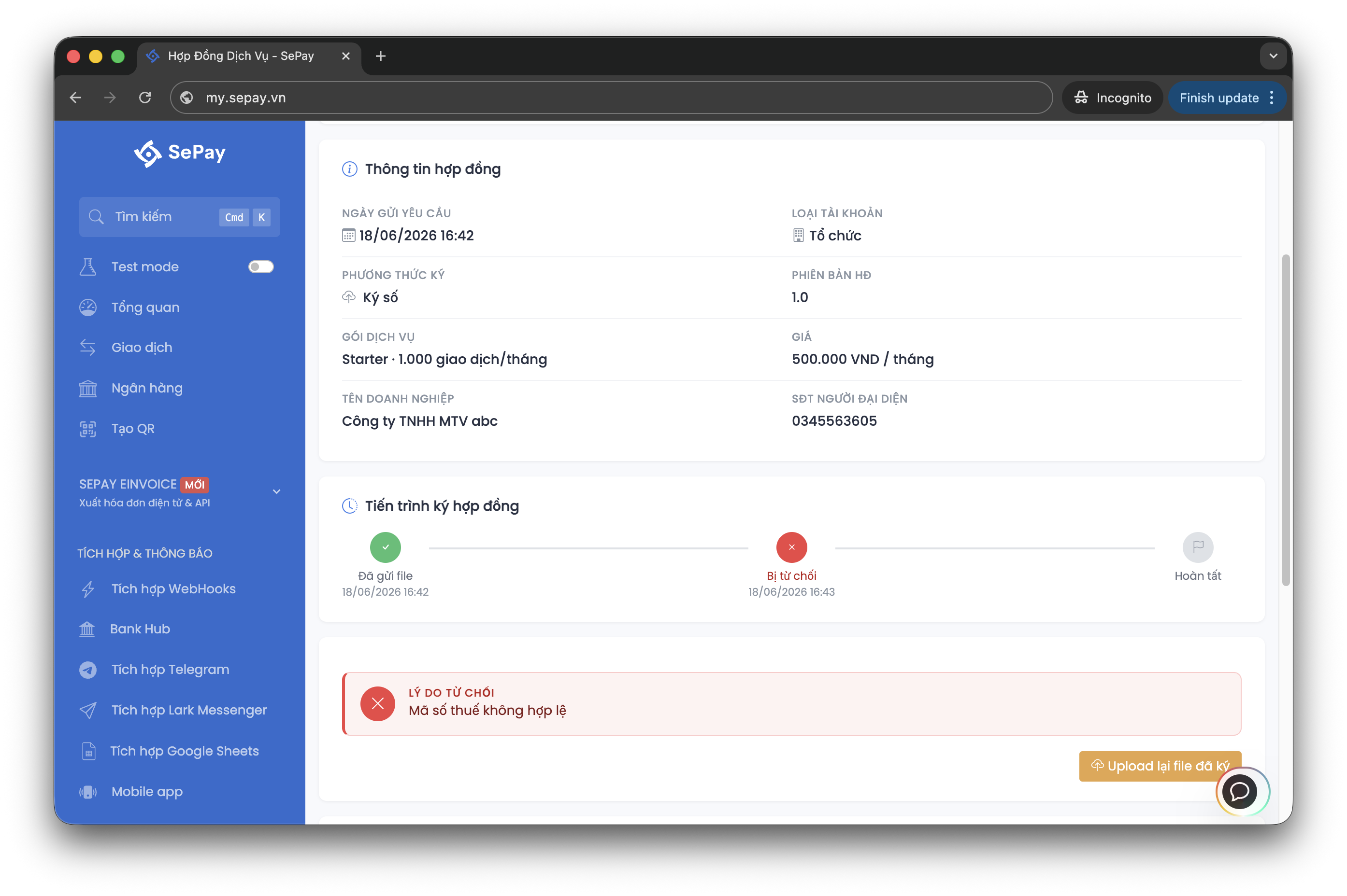 Trạng thái Bị từ chối với lý do và nút Upload lại file đã ký