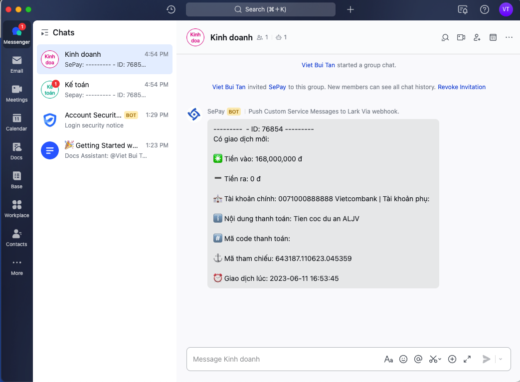 Lark Message Hướng dẫn tích hợp Lark Messenger | SePay