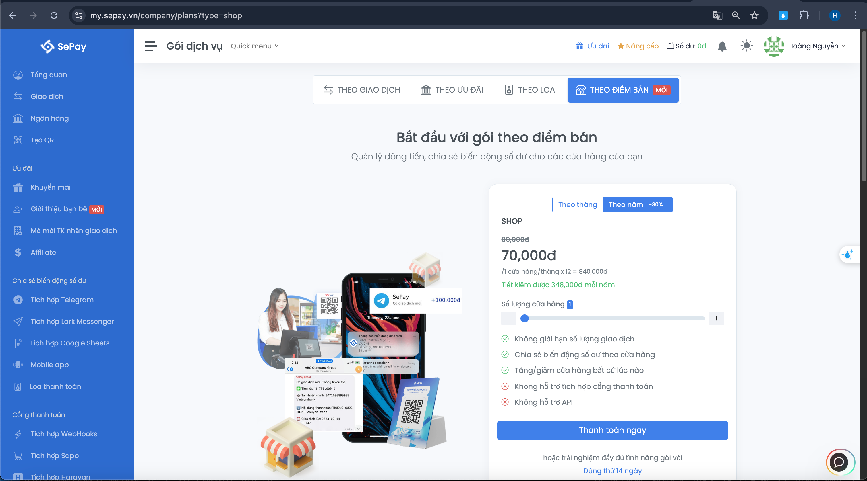 Chọn gói theo điểm bán