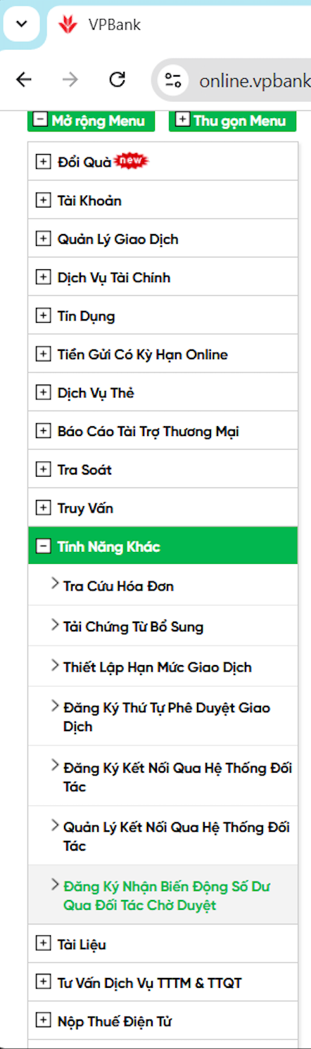 Mục đăng ký nhận biến động số dư