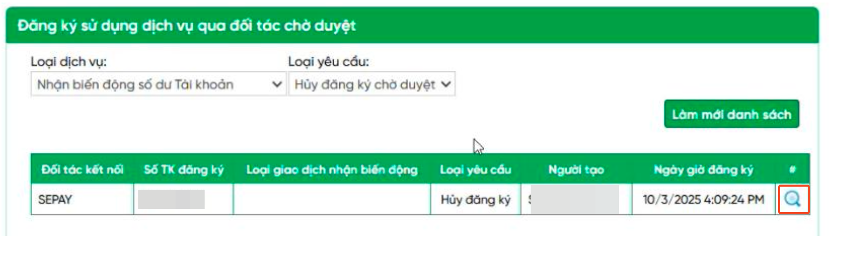 Chọn tài khoản cần hủy
