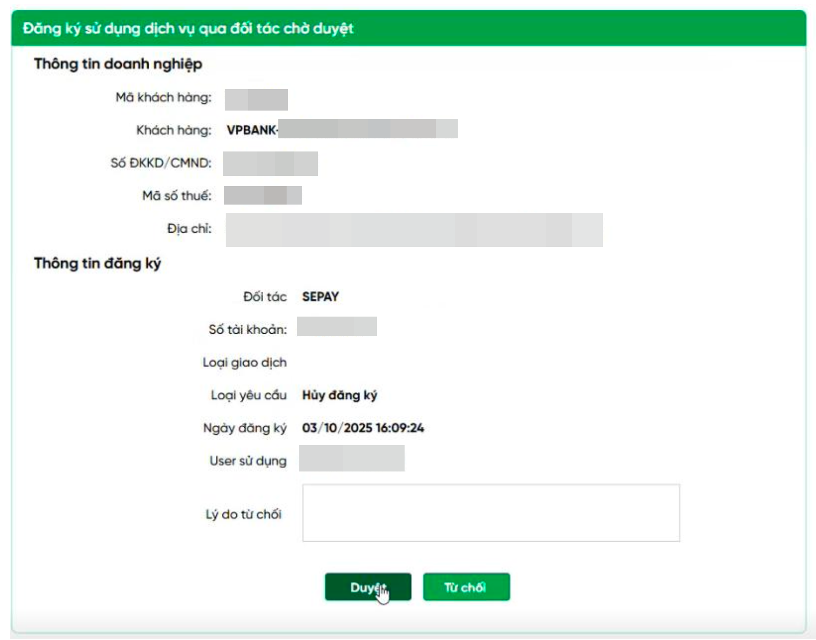 Duyệt hủy đăng ký