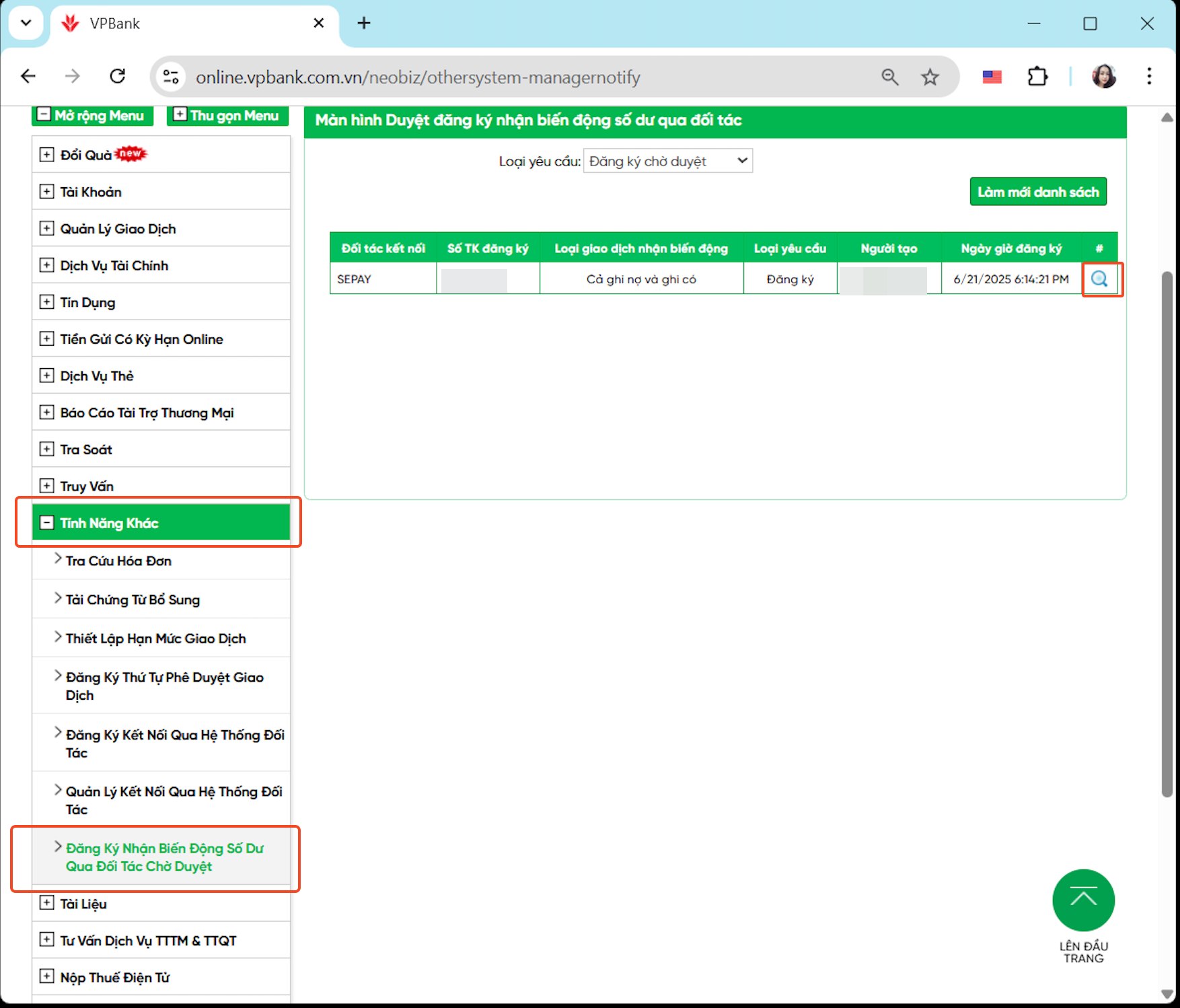 Chọn tính năng đăng ký