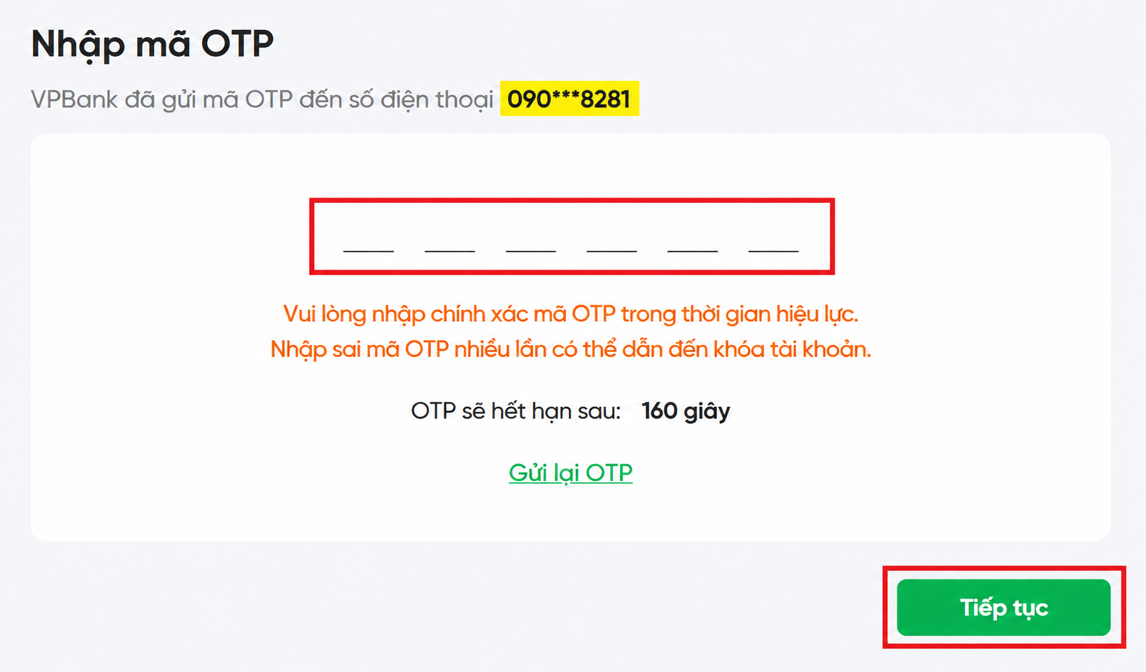 Màn hình nhập mã OTP của VPBank kèm bộ đếm thời gian hiệu lực và nút Tiếp tục