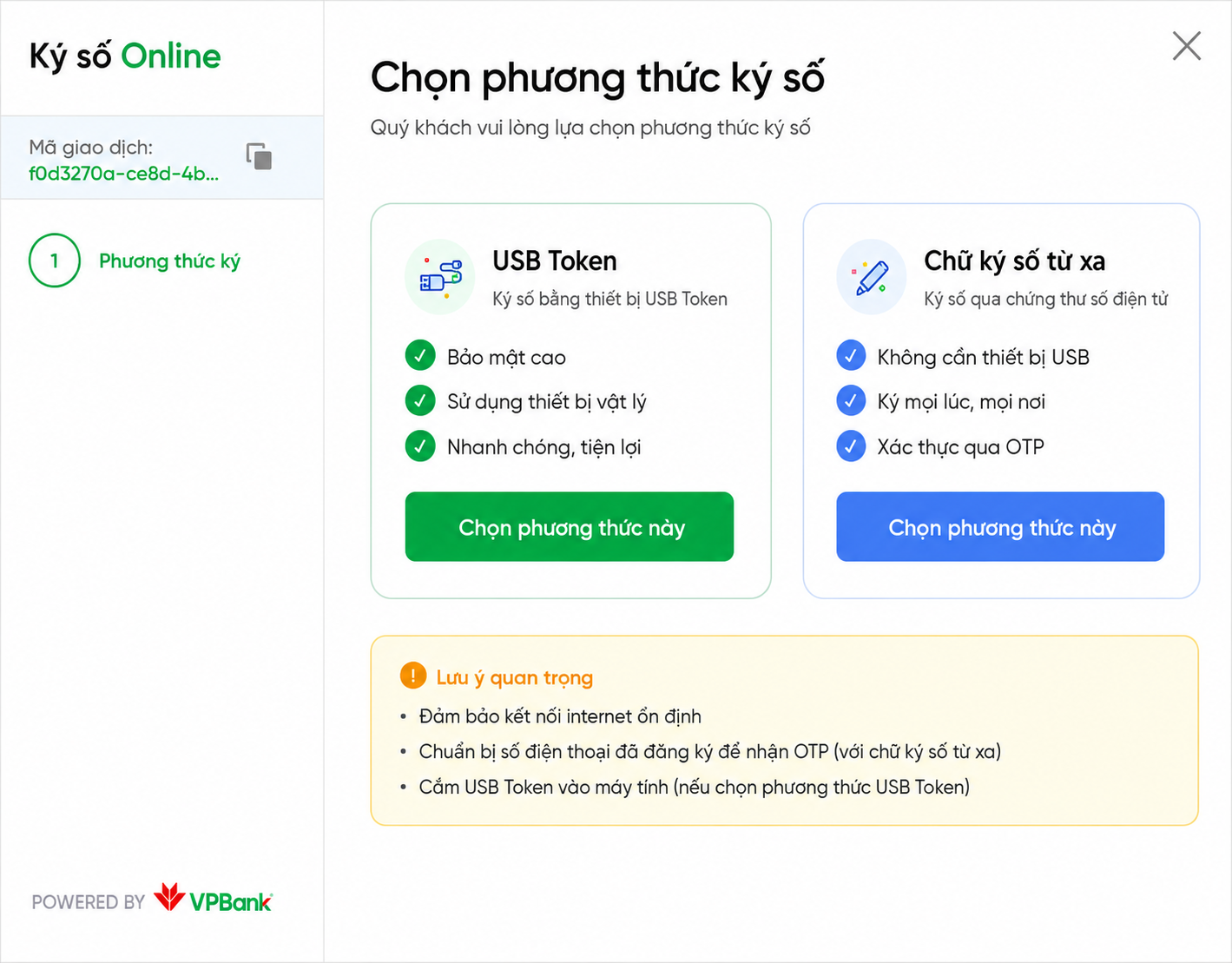 Cửa sổ Chọn phương thức ký số của VPBank với hai thẻ USB Token và Chữ ký số từ xa